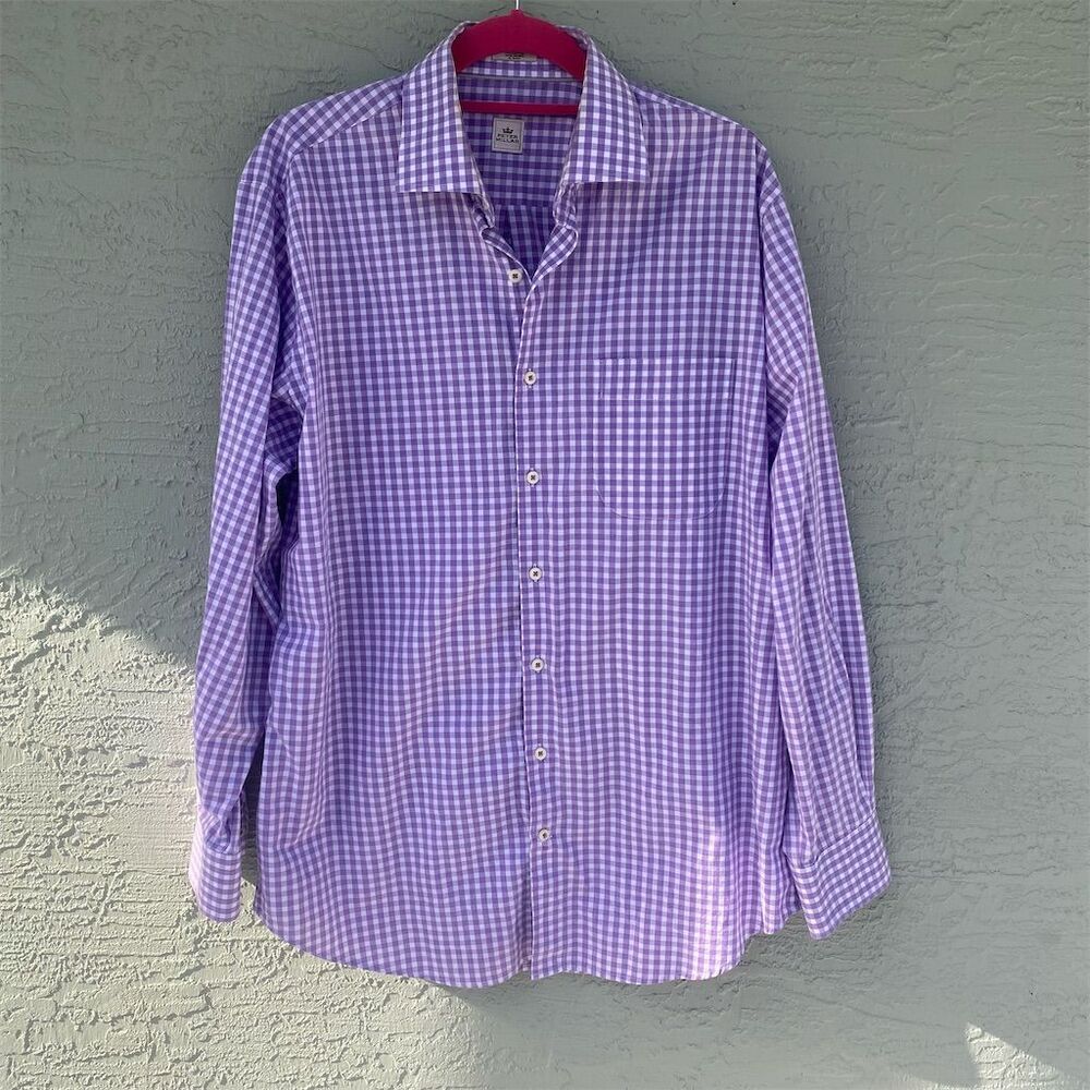Peter Millar Men's L Purple Gingham Check Long Sleeve Shirt Casual